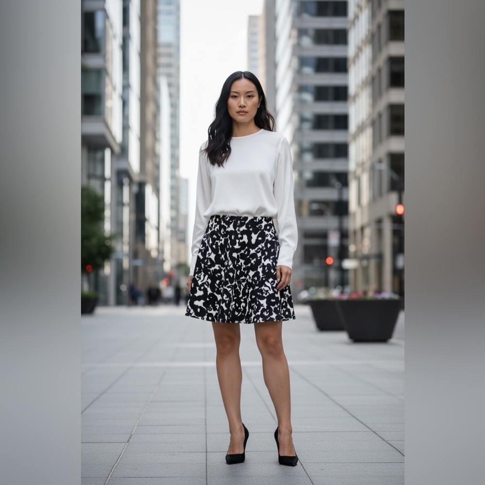 Carolina Belle Montréal, Black & White Floral Flared Skirt, Size 12